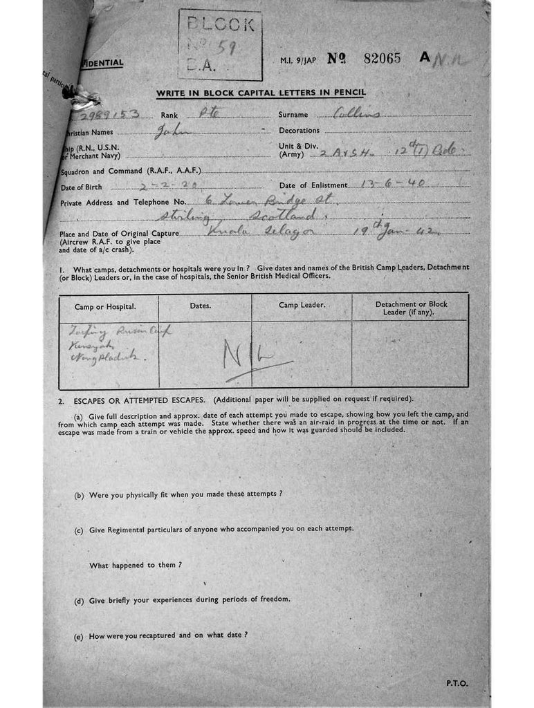 Collins, John DOB 2 2 1920