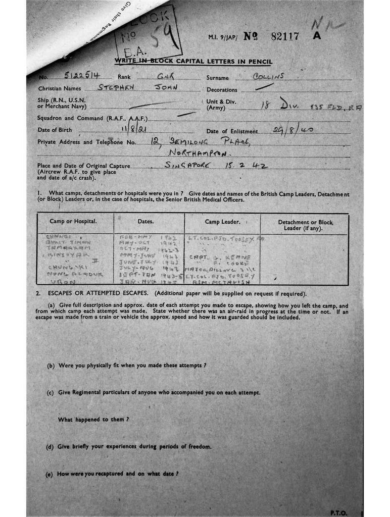 Collins, Stephen John DOB 2 2 1920