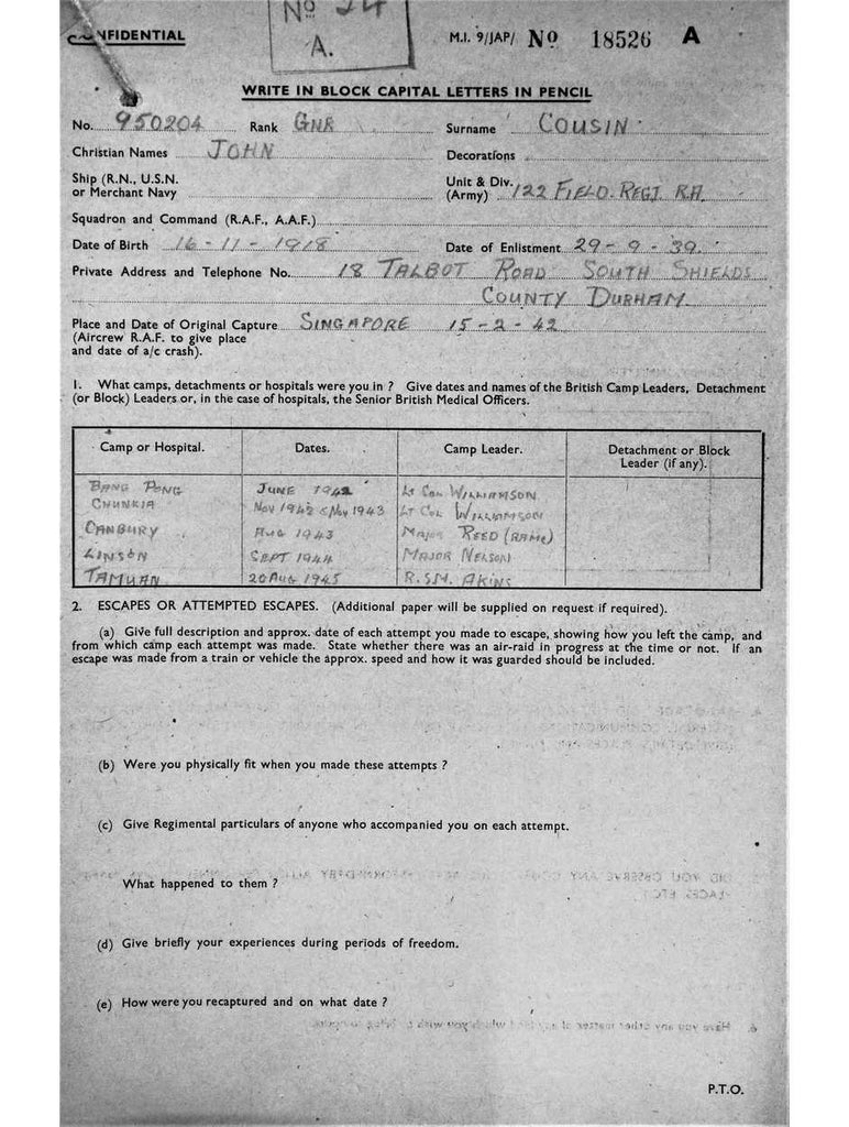 Cousin, John DOB 16 11 1918