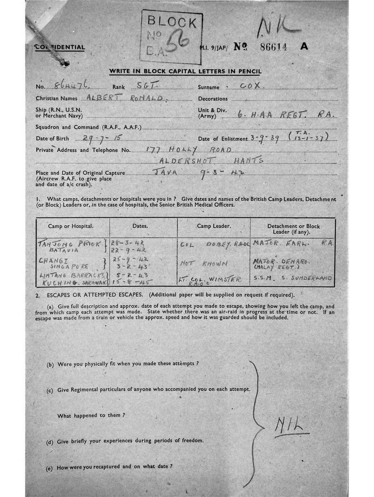 Cox, Albert Ronald DOB 29 7 1915