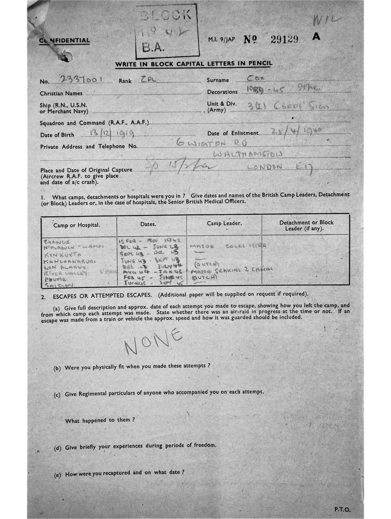 Cox, Leslie Francis DOB 13 12 1919