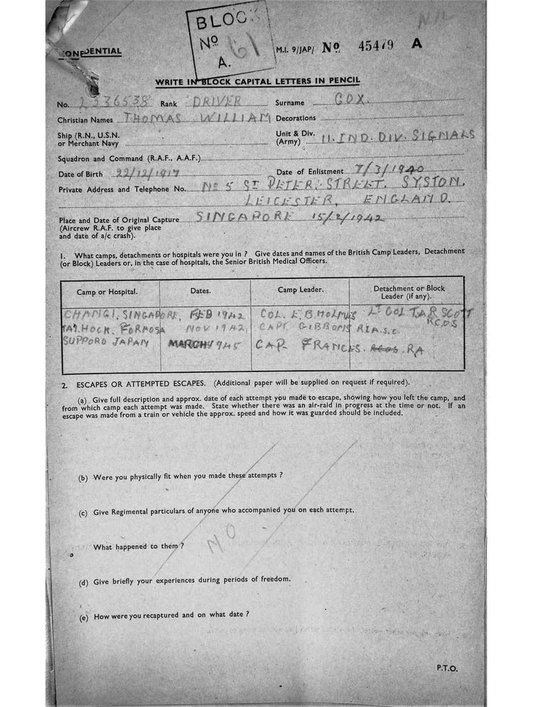 Cox, Thomas William DOB 22 12 1917