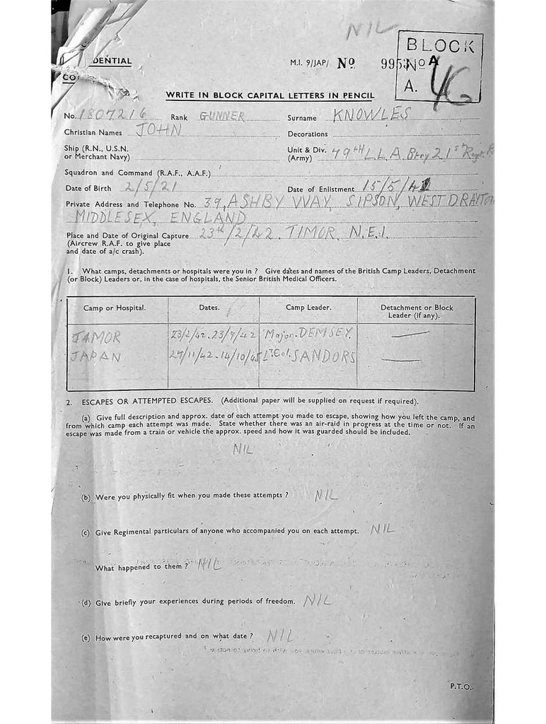 Knowles, John DOB 02 05 1921