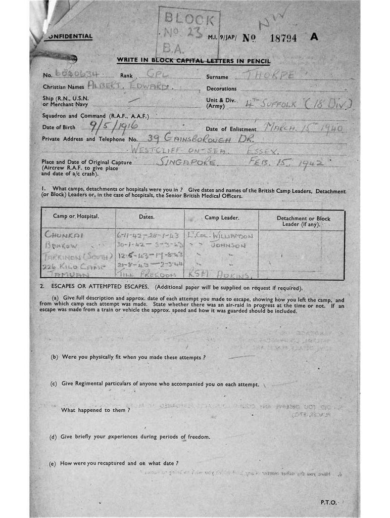 Thorpe, Albert Edward DOB 9 5 1916